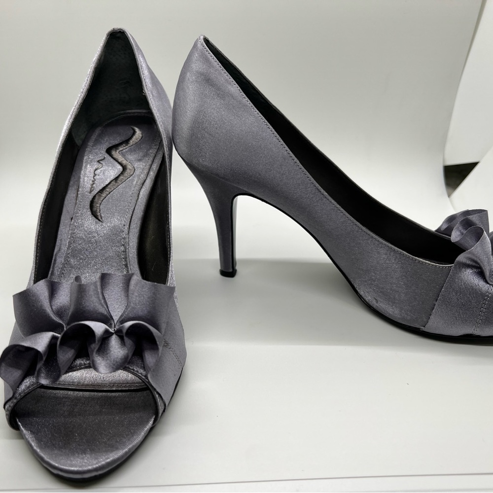 Nina Silver Satin Peep Toe Pump